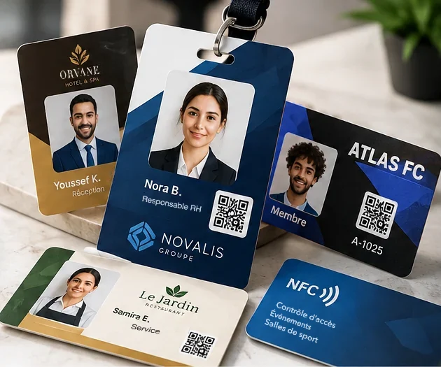 Badges PVC personnalisés posés sur un plan de travail : badge employé vertical avec photo et tour de cou, badges d'hôtel et de restaurant, carte de membre de club sportif et carte sans contact NFC