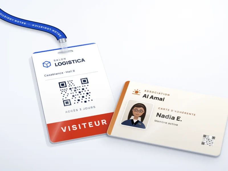 Badge visiteur de salon avec bande de couleur et carte d'adhérent d'association — maquettes fictives